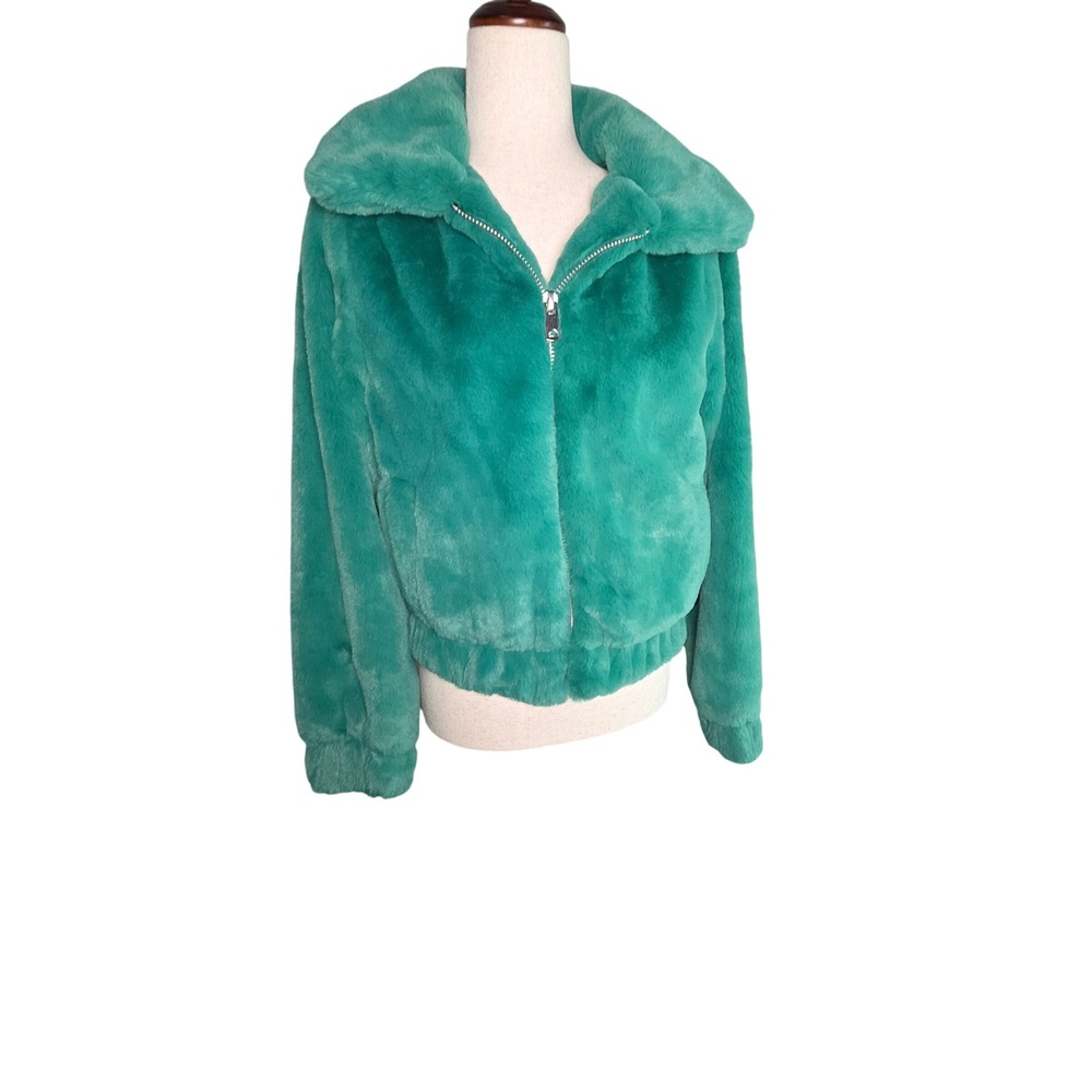 Derek Heart Womens Teal Green Faux Fur Full Zip Bomber Jacket Size M New